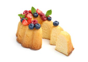 Tasty Bundt cake with berries and mint isolated on white