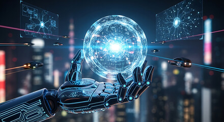 A futuristic robotic hand holds a glowing orb of data and energy, surrounded by digital networks and a cityscape.
