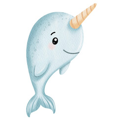 Watercolor Cute narwhal. Under the sea. © Walaiporn Sangkeaw