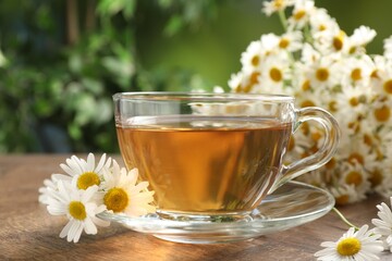 Aromatic tea in glass cup and chamomile flowers on wooden table, closeup