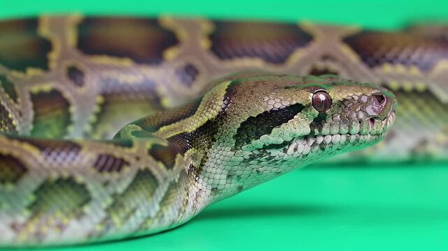 Close-up of a Burmese Python's Head and Patterned Scales on a Vibrant Green Background