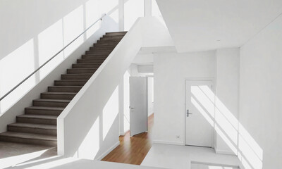 Obraz premium sculptural cantilevered staircase in white minimalist home sharp shadows clean lines Generative AI