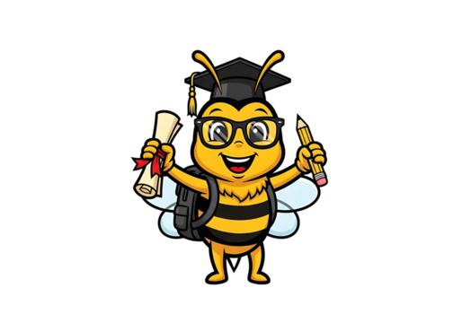 Cute bee student with graduation cap, diploma, and pencil isolated on transparent background