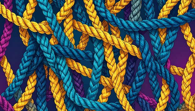 A vibrant design featuring a complex tangle of colorful braided ropes, creating an eye-catching pattern against a dark background.