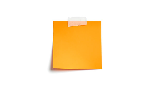 The design features a minimal orange sticky note on a white background, topped with a piece of torn white tape.
