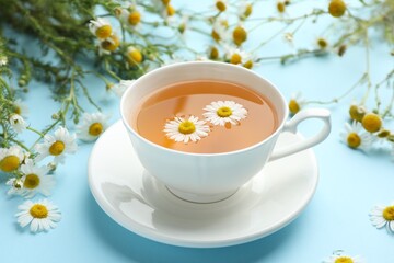 Tasty chamomile tea and flowers on light blue background, closeup