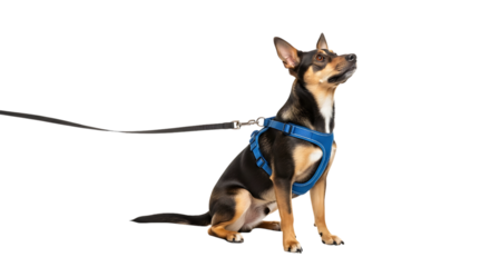 Dog with blue harness and leash sitting isolated on transparent background