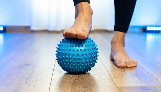 Foot on Blue Textured Ball on Wooden Floor