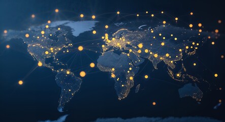 A global network map with illuminated nodes showing worldwide connectivity and data flow