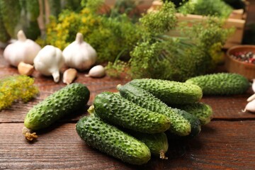 Making pickles. Fresh cucumbers and spices on wooden table, closeup