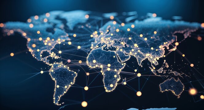 Illuminated world map with connected dots representing global network connections - Powered by Adobe