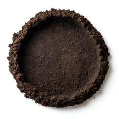 Dark soil sample circle shaped isolated on white background
