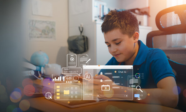 Teen boy studying with tablet and AI interface graphics.Concept of e-learning, artificial intelligence in education,online study with classmates, multilingual learning and future classroom technology - Powered by Adobe