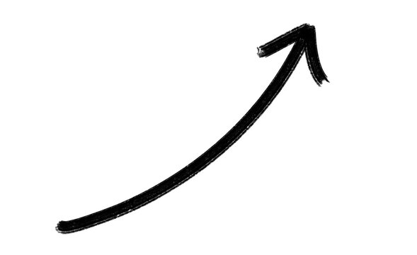 Black hand drawn curved arrow pointing upward right for presentations, notes, posters, scrapbook, and creative design accents on transparent background