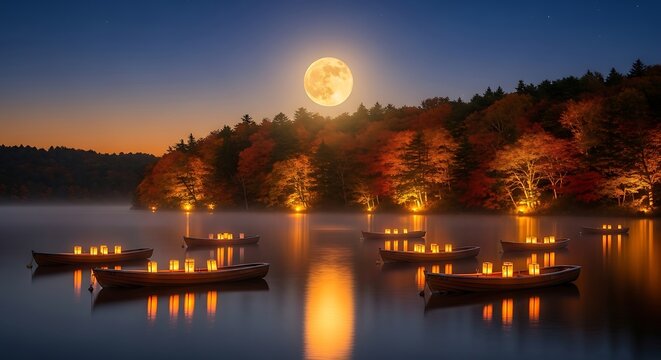 Luminous Harvest Moon Over a Mystical Autumn Lake with Floating Lantern Boats.