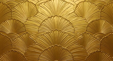 Abstract, Geometric art deco wallpaper with embossed symmetrical patterns, gold accents. Intricate line design, luxurious vintage ornate style. Refined architecture, classic repeating seamless motif. 