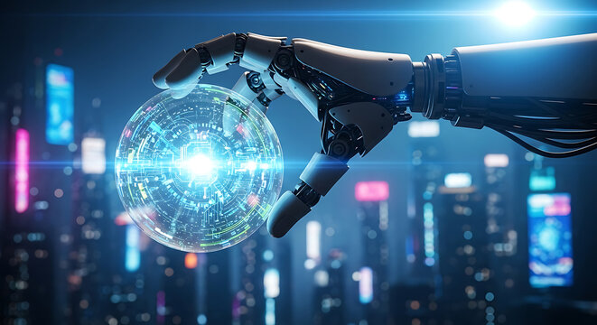 A robotic hand holds a glowing digital sphere over a futuristic neon cityscape at night, symbolizing AI and data control.