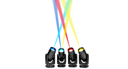 Illuminating Spectrum: A dynamic display of colorful light beams emanates from a row of stage spotlights, showcasing vibrant hues and artistic illumination.