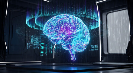 Digital holographic representation of a human brain in a futuristic environment.