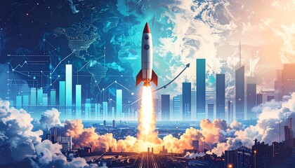 A rocket blasts off amidst a cityscape, symbolizing progress and growth, with data visualizations overlaid on a global context.