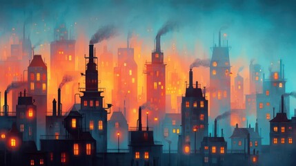 Fototapeta premium Maximalist futuristic steampunk city, hand-drawn gears, pipes, steam vents, and glowing lanterns across tall iron skyscrapers