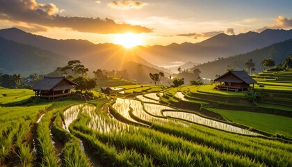 Lush green rice paddies cascade down a mountainside at sunrise, featuring traditional wooden farmhouses nestled amidst the terraced landscape.