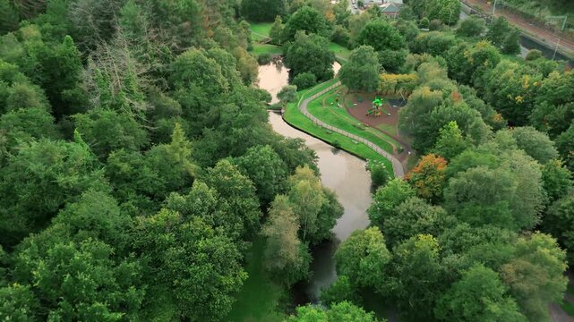 Trees and River Barry Sidings Country Park South Wales Valleys Trehafod Hopkinstown Rhondda Drone Video