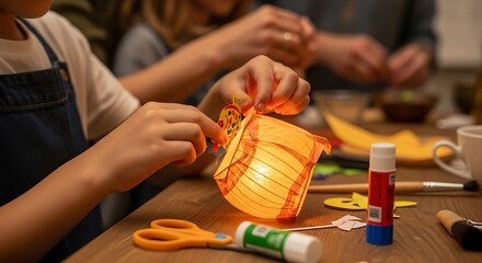 Focused Hands Assembling a Beautifully Illuminated Paper Lantern During a Cozy Craft Session.