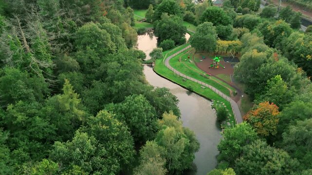 Trees and River Barry Sidings Country Park South Wales Valleys Trehafod Hopkinstown Rhondda Drone Video