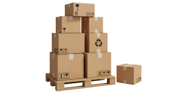 Packed and Ready: A stack of cardboard boxes, arranged on a wooden pallet, symbolizes shipment, storage, and logistic efficiency.