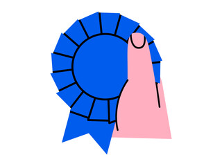 Hand drawn cute illustration of hand holding award ribbon. Flat vector achievement sign in arm. Challenge winner sticker, icon. Positive feedback concept. Champion prize. Isolated.