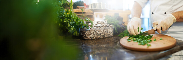 Chef Chopping Herbs in a Kitchen Wide Banner with Copy Space