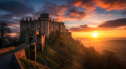 Fototapeta premium Photo of castle on a hill at sunset