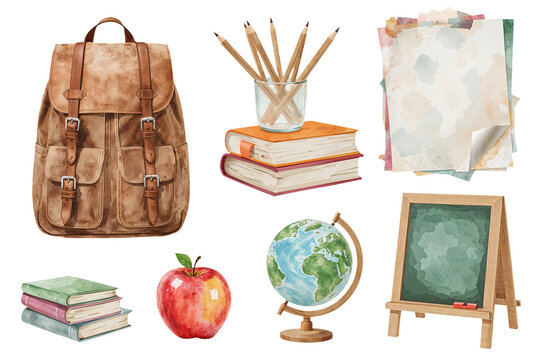 Vintage school items watercolor design elements no background. Back to school stationery and globe clipart isolated PNG - Powered by Adobe