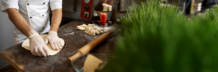 Chef Preparing Dough on Wide Banner with Copy Space