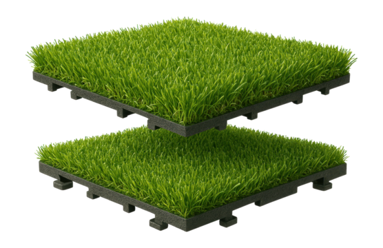 Interlocking artificial grass panels for a patio in a cottage, creating a seamless green space that withstands heavy foot traffic.