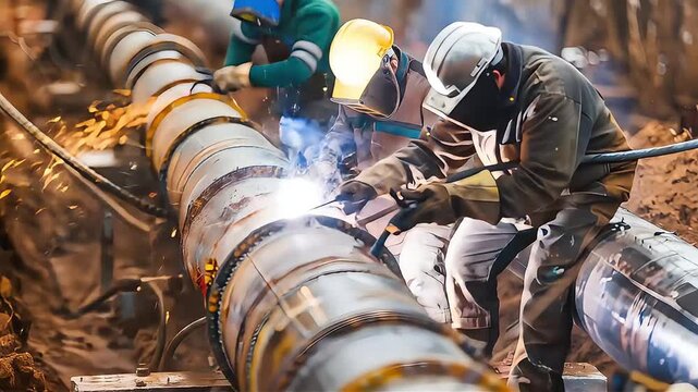 Workers welding a large pipeline in an industrial setting, sparks flying amidst a busy construction site