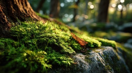 Obraz premium Moss covered rock with light filtering through trees in a temperate forest