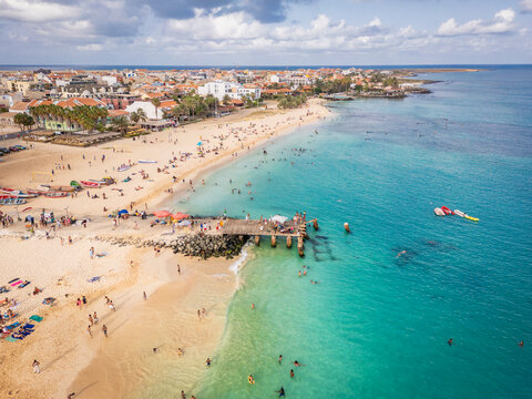 Drone view of Santa Maria pier and beach, Sal Island Cape Verde at sunset