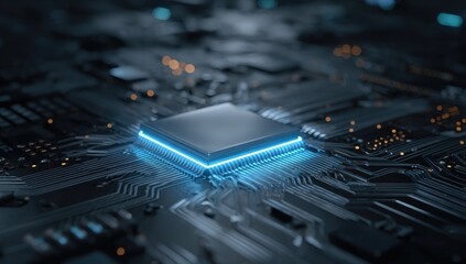 Close-up circuit board with glowing processor