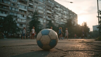 Children playing soccer outdoors, urban setting