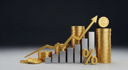 Financial growth concept with golden arrow and stacked coins
