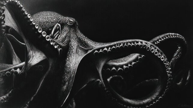 Detailed grayscale octopus, intricate tentacles, dark background