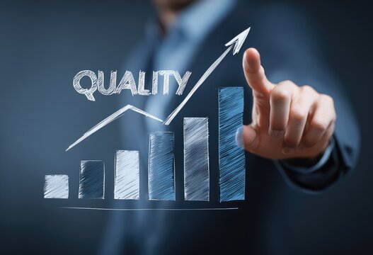 Businessman pointing at a projected graph showing increasing quality