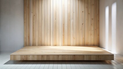 Elevated Wooden Platform Against Light-Colored Wall with Vertical Wooden Paneling and Subtle Sunlight Illumination