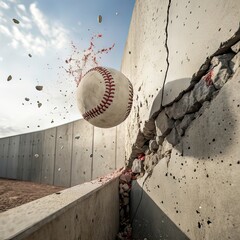 A baseball hits through a cement wall. concept of strength  Photo
