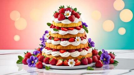 Colorful layered strawberry cake with whipped cream and flowers on festive background