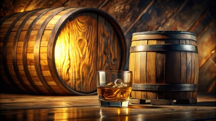 Aged spirit in a rocks glass beside wooden barrels in a rustic setting.