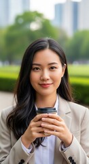 Young Professional Enjoying Morning Coffee Break in Urban Park - Stock Photo