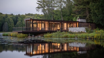 Obraz premium A modern house with a large glass front stands over a serene lake, reflecting perfectly in the still water,